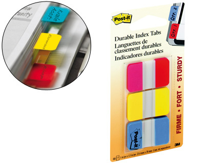 3x22 banderitas señalizadoras rigidas Post-it Index 686-RYB 25,4x38mm. amarillo azul rojo